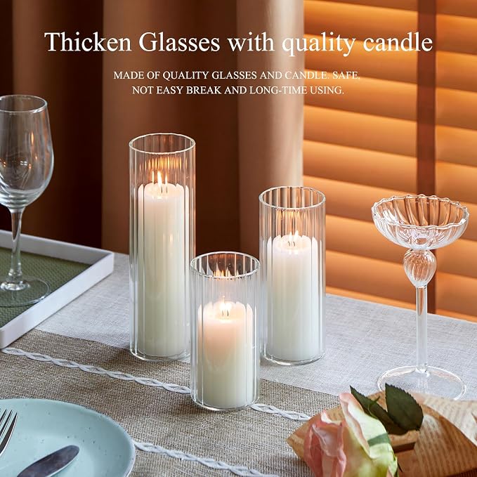 Set of 6 White Pillar Candles with Clear Glass Hurricane Holders- Elegant Cylinder Candle Vases for Weddings, Parties, Centerpieces, Home & Office Decor (White, 6 Set-Vase)