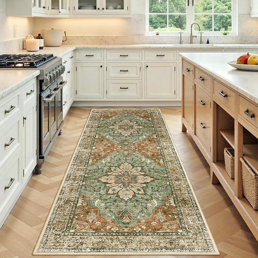 RELEANY Area Rugs Runner 3'x6' Washable Non-Slip, Floral Vintage Distress Medallion Carpet for Kitchen Hallway Bedroom Beside Laundry Room Bathroom, Terracotta Burnt Orange Green