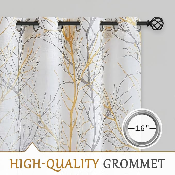 FMFUNCTEX Yellow Grey Tree Curtain for Patio Sliding Door 100 Inch Extra Wide Curtains 96 Inches Long Sliding Door Panel Branch Print Linen Textured Privacy Semi Sheer Curtain Drapes 1 Panel