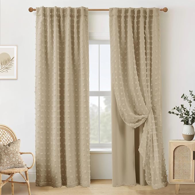 Taupe Blackout Curtains 96 Inch Long 2 Panel Set for Living Room, Neutral Boho Pattern Farmhouse Lightweight Curtain Drapes for Bedroom Nursery, Khaki Light Brown