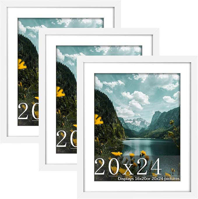 Picrit 20x24 Picture Frame 3 Pack, White Poster Frame, Display Poster 16 x 20 with Mat or 20 x 24 without Mat for Horizontal or Vertical Wall Mounting