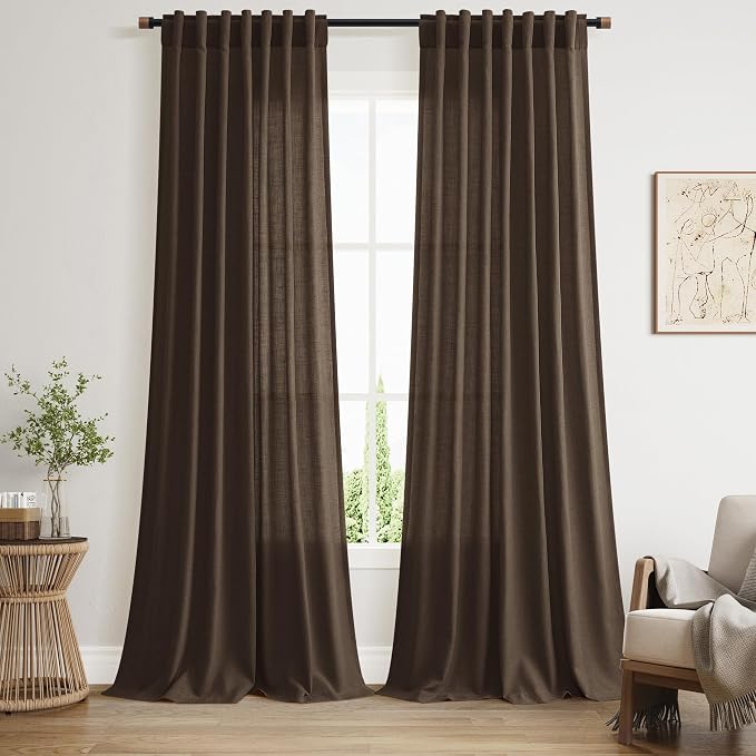 Chocolate Linen Curtains 90 Inch Long 2 Panels Set for Bedroom Living Room, Soft Linen Textured Window Drapes Semi Sheer Light Filtering Rod Pocket Back Tab Morden Style 52x90