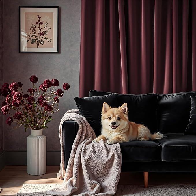 Room Darkening Luxurious Velvet Curtains Ruby Wine 108 Inches Long 2 Panel Noise Absorbing Thermal Insulating Drapes Feminine Curtains for Bedroom Holiday Party Backdrops Media Movie Theater Film Room
