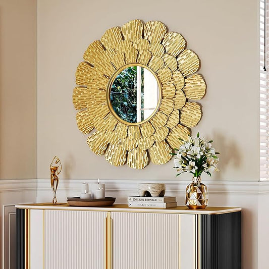 Gold Round Wall Mounted Mirror - 34" Sunburst Trumpet Vine Leaf Decorative Mirror for Wall Decor, Vintage Antique Circle Sun Mirrors for Living Room Bedroom Entryway Hallway Fireplace Art Deco