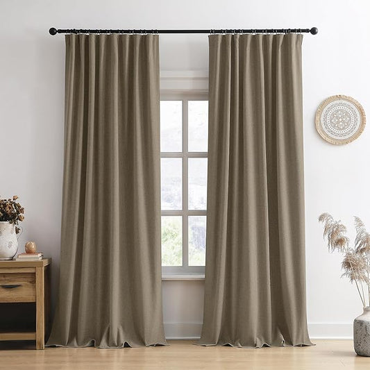 140 Inch Long Blackout Curtains 2 Panels Set,Linen Blend Pleated Look Hidden Tab Drapes with Hooks Easy Slide Privacy High Living Room Curtains for High Ceiling Long Window 50x140