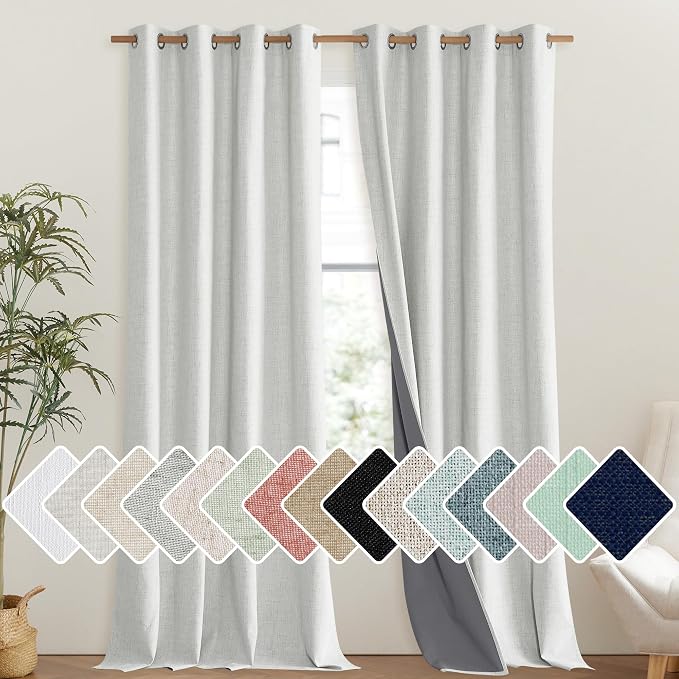 NICETOWN 100% Absolutely Blackout Linen Curtains with Thermal Insulated Liner, Greyish White, 52" Wide, 95" Length Energy Saving Curtains for Living Room 2 Panels Set, Vertical Blinds