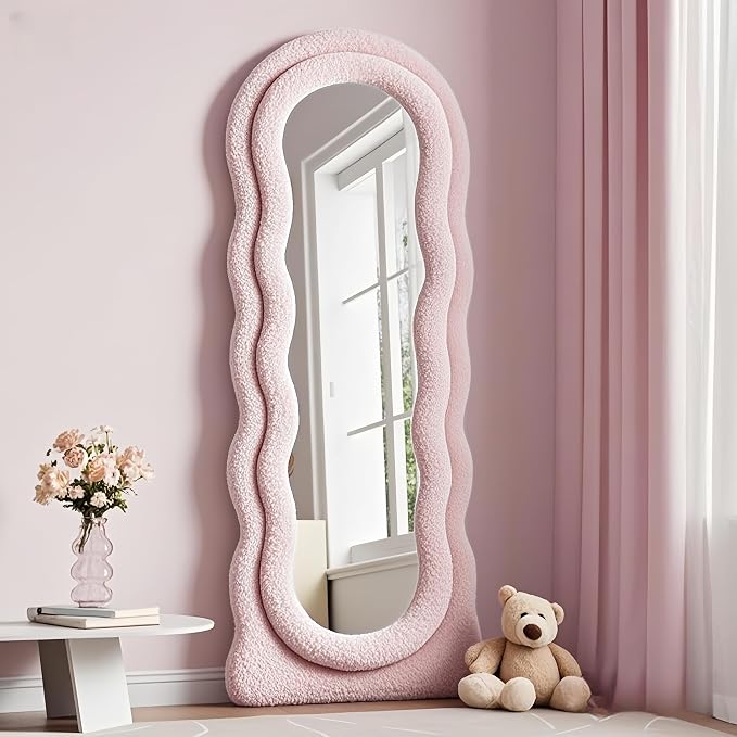 Dewfig Full Length Mirror, 63" x 24" Irregular Wavy Mirror, Large Floor Length Mirrors Wall Mounted, Standing Wavy Mirrors with Teddy Velvet Wrapped Wooden Frame for Bedroom/Living Room, Pink
