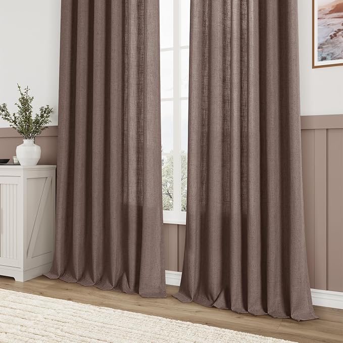 Coffee Brown Semi Sheer Linen Curtains 96 Inches Length for Living Room Flax Texture Wave Fabric Window Shades with Rod Pocket Back Tab for Bedroom Balcony Light Filtering Home Decor 52x96 Cappuccino