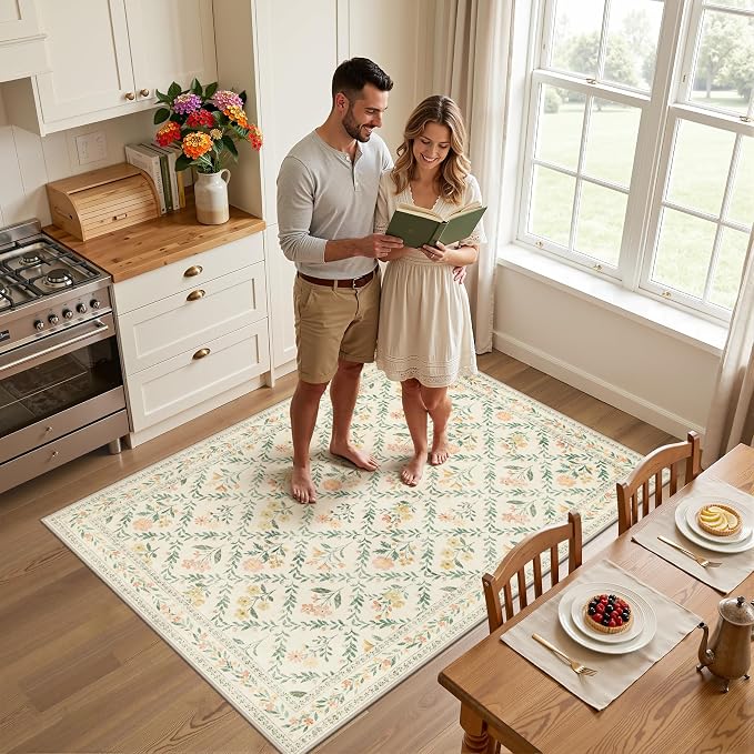 Area Rug Living Room Rugs: Floral 3x5 Washable Rug Vintage Soft Boho Non-Slip Carpet Indoor Floor Stain Resistant Large Carpets for Bedroom Dining Room Farmhouse Nursery Hallway Beige/Multi