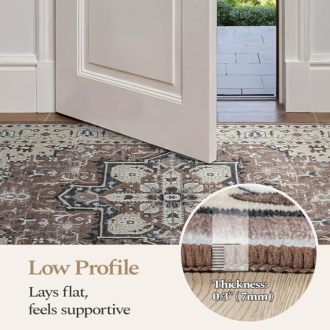 Rugflix 8x10 Area Rugs for Living Room, Washable Rug, Soft Low Pile Carpet, Non-Slip, Stain Resistant, Vintage Area Rug, Brown Beige Rug for Bedroom, Dining Room, Home Office