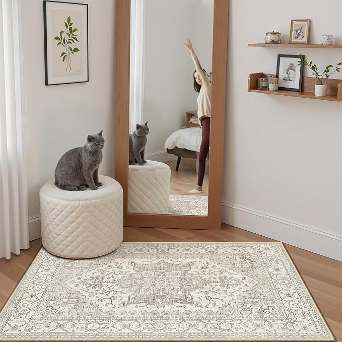 Madane Washable Area Rug 2x3, Small Entryway Rug Non-Slip Vintage Door Mat Indoor Entrance, Low Pile Floor Carpet for Inside Front Door Bedroom Kitchen Entry Laundry (2'x3', Beige/Brown)