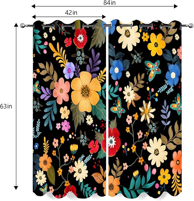 Colorful Flowers Floral Curtain Boho Pile Flowers Halloween Spring Summer Decor Women Girls Wife Mom Kids Bedroom Nursery Kitchen Dining Living Room Darkening Grommet Window Drapes 2 Panels, 42"x63"
