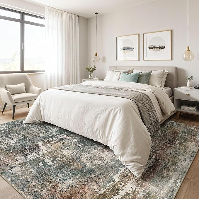 7x9 Area Rug Washable Rugs: Living Room Large Abstract Modern Soft Stain Resistant Indoor Floor Non-Slip Accent Carpet for Bedroom Nursery Playroom Office Dining Room Dorm Home House- Green Red