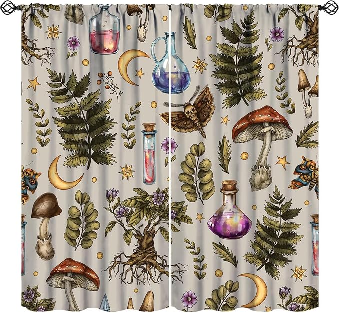 Vintage Mushroom Curtains, Gohtic Mystical Witch Magic Poison Rustic Forest Mushroom Plants Flowers Moth Blackout Window Curtains for Kitchen Bedroom Livingroom, 63" W X 63" L