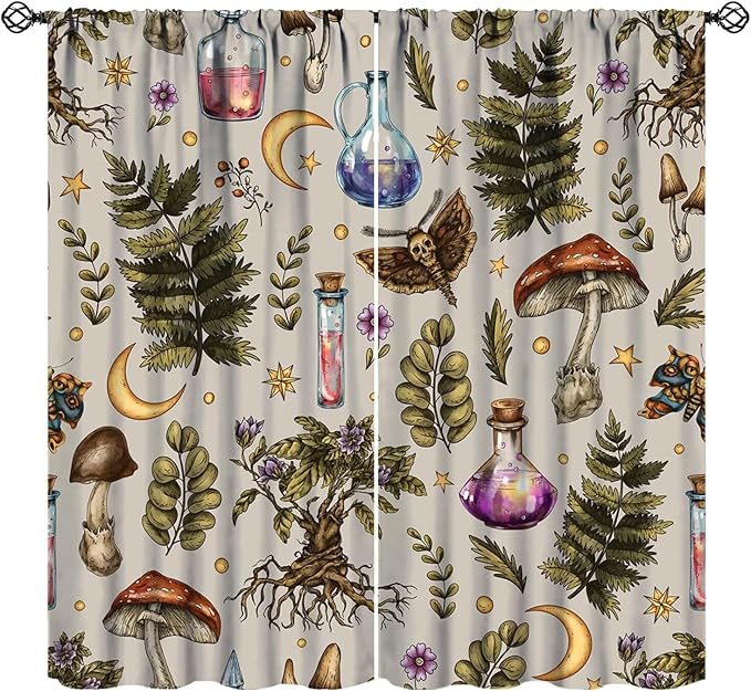 Vintage Mushroom Curtains, Gohtic Mystical Witch Magic Poison Rustic Forest Mushroom Plants Flowers Moth Blackout Window Curtains for Kitchen Bedroom Livingroom, 72" W X 63" L