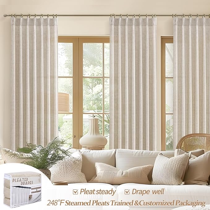 Extra Long 132 Inch Pinch Pleated Natural Linen Curtains for Bedroom 2 Panels Set, Light Filtering Memory Trained Protect Privacy Luxury Windows Curtain Oatmeal 11 FT Length Floor to Ceiling Drapes