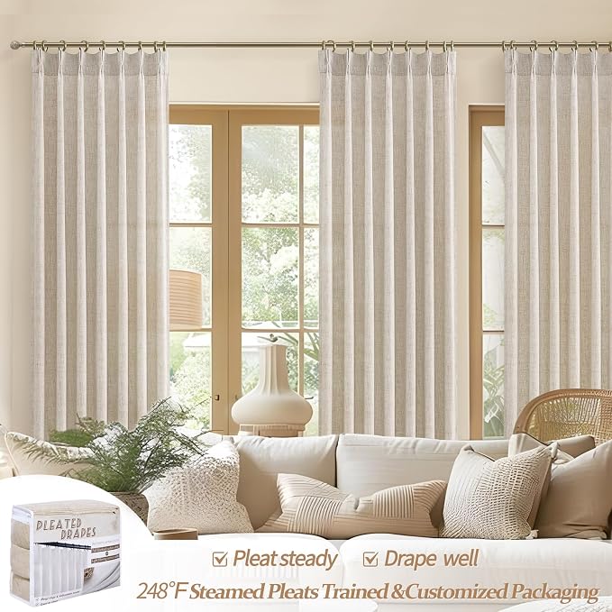 Textured Drop Cloth Curtains 102 Inches Long 2 Panels Oatmeal Cream, Light Filtering Privacy Sheer Curtains That Let Light In Country Linen Blend Pleat Memory Shape Curtain with Hooks Bedroom Living