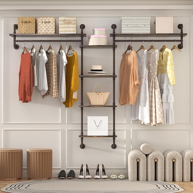 Helsin 5-Tiers 74inch Large Rustic Industrial Pipe Floating Shelving, Wall Mounted Heavy Duty Clothes Rack with Double Hanging Rods Display Storage Rack for Bedroom Organization & Home Décor