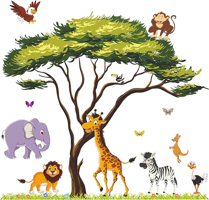 Amaonm Giant Jungle Animal and Tree Wall Decals Removeable DIY Flower Lion Giraffe Monkey Wall Sticker Peel and Stick Wall Decor for Baby Boys Nursery Kids Room Bedroom Living Room Classroom