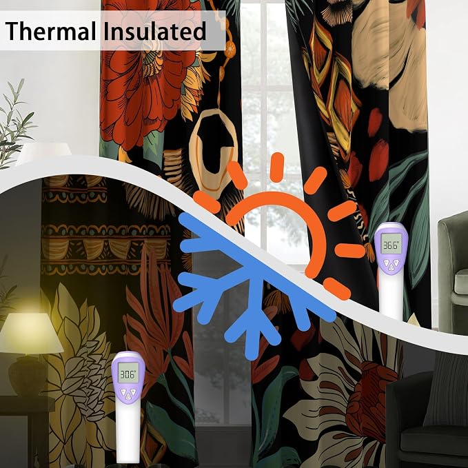 Tyrot 100% Blackout Black Boho Floral Curtains for Living Room 96 inch Long 2 Panels Mid Century Botanical Black Out Curtains for Bedroom Grommet Thermal Insulated Room Darkening Window Drapes,52Wx96L