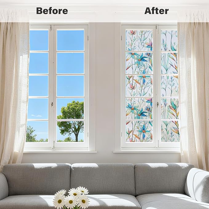Donox Window Privacy Film, Frosted Stained Glass Window Films, Static Cling Non-Adhesive Decorative Windows Sticker for Front Door Bathroom, Heat Control Anti UV(Blue Lotus,35.4 x 78.7 inches)
