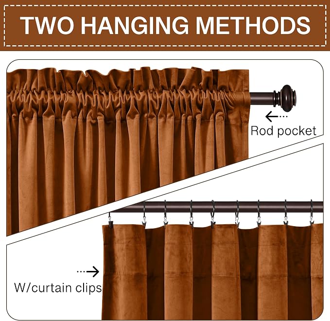StangH Halloween Burnt Orange Curtains 62 inches Width, 2 Panels | Boho Vintage Decor, 300GSM Soft Heavy Velvet, Thermal Insulated & Light Blocking Sliding Door Drapes, Bedroom, Dining Room