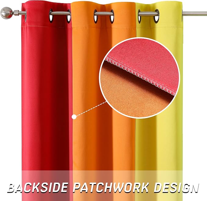THOOO 2 Panels Rainbow Curtains Blackout Curtains 63 Inch Length for Bedroom Living Room Classroom Nursery Colorful Room Darkening Grommet Curtains Patchwork Red, Orange, Yellow, Green, Blue, Purple