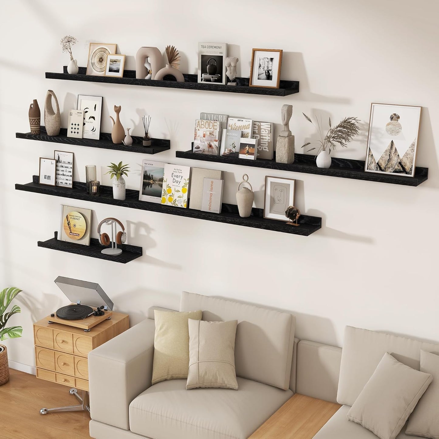 Floating Picture Ledge Shelves 72 Inch Solid Oak Wood Set of 2, Rustic Wall Storage Shelves with Lip, Kids Bookshelf, Photo & Picture Ledge Shelves for Bedroom, Living Room, Kitchen