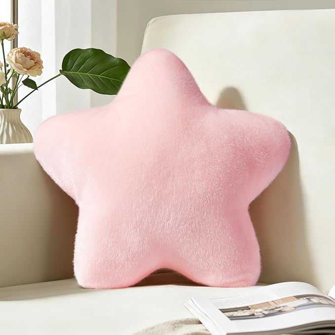 Star Pillow 15.4" Pink Decorative Throw Pillows for Girls Bedroom Decor | Star Shaped, Soft Fluffy Plush, for Couch Bed Sofa Chair, Floor Cushions, Aesthetic Room Decor for Girls Living Room Bedroom