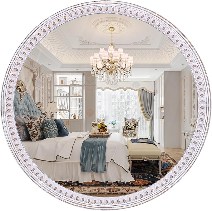 30 Inch Farmhouse Round Mirror for Wall Decor, Wooden Decorative Mirrors | Circle Shape Softens Straight Lines, Balancing Bathroom Sinks, Living Room, Entryway, Fireplaces, or Narrow Passages