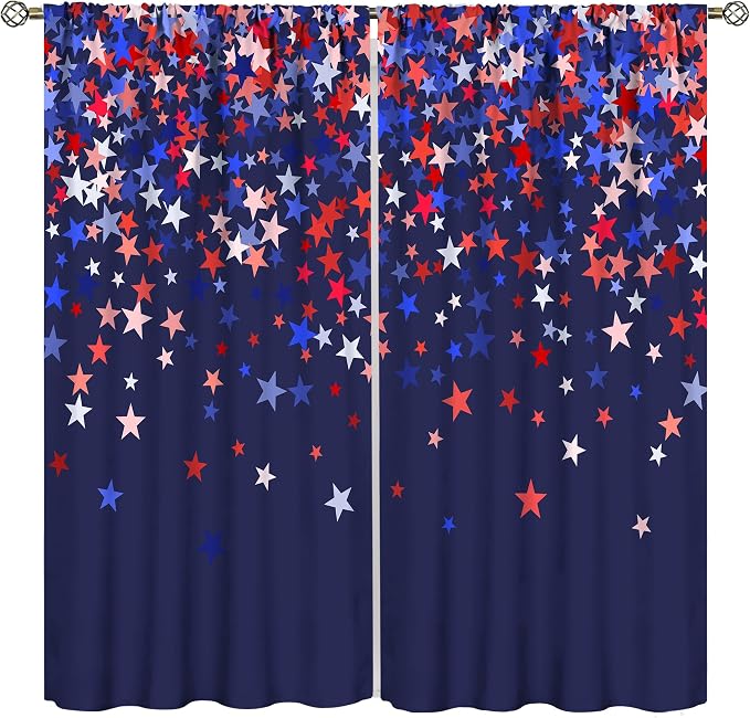 4th of July Curtain,American Flag Blue Red Star Independence Day Drapes for Bedroom Living Room Kitchen Window Treatment 2 Panels Set Total Size 63" W X 72" L Inch