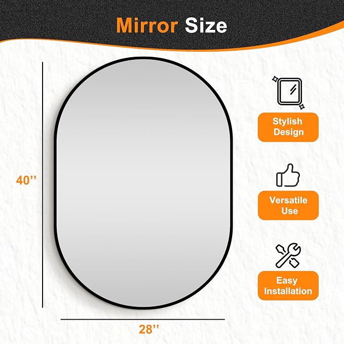 Oval Bathroom Vanity Mirror for Wall, 40''x28'' Black Oval Bathroom Mirror for Over Sink, Bedroom, Living Room, Entryway, HD Tempered Glass, Wall Mounted Horizontally or Vertically