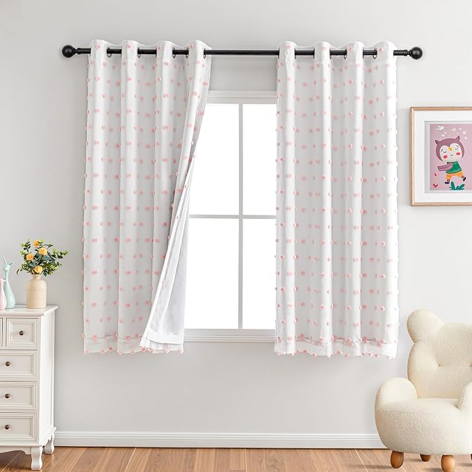 MYSKY HOME Pink Pom Pom Blackout Curtains for Girls Bedroom 63 Inch Long 100% Blackout Curtains for Kids Room 2 Panels Room Darkening Small Window Treatment Grommet 2 Layered Drapes Toddler 52W x 63L