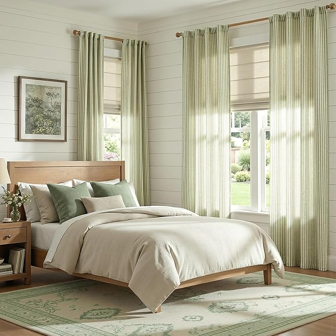jinchan Linen Curtains 84 Inch Sage Green Stripe on Beige Back Tab 2 Panels | Curtains For Living Room Bedroom,Ticking Stripe, Farmhouse Cottage Core Rustic,Rod Pocket Window Treatment,Light Filtering