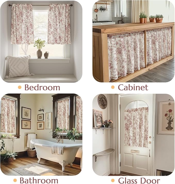 jinchan Floral Linen Tier Curtains Floral Brick Red on Beige Cafe Curtains 36 Inch Length Kitchen Living Room Bedroom Bathroom Farmhouse Rustic Country Rod Pocket 2 Panels