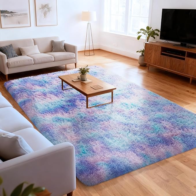 Ophanie Rainbow Purple Mermaid Rugs for Living Room 6x9,Kids Fluffy Shag Fuzzy Plush Soft Carpets,Floor Shaggy Area Rugs for Bedroom,Carpet for Kids Girls Dorm Decor with Over 99 pcs Pile fibers