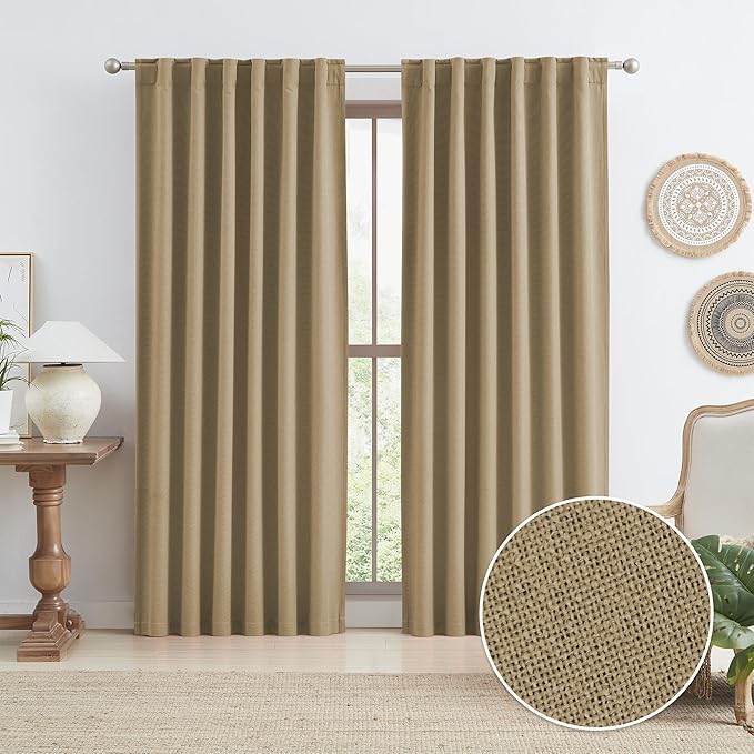 KEQIAOSUOCAI 90 Inch Burlap Natural Farmhouse Curtains Panels, Full Blackout Thermal Insulated Sound Proof Country Rustic Window Drapes for Living Room 2 Panels, W50 x L90 Inch, Tan Brown