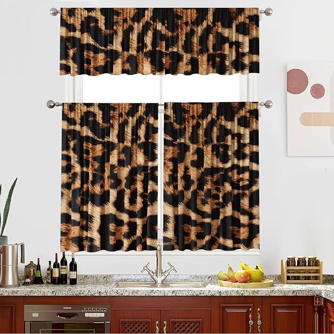 3 Set Leopard Kitchen Curtains Sets 58Wx14H+(28Wx36H)*2 for Windows Rod Pocket Christmas Kitchen Curtains Set Wild Animals Cheetah Print Farmhouse Style Window Drapes