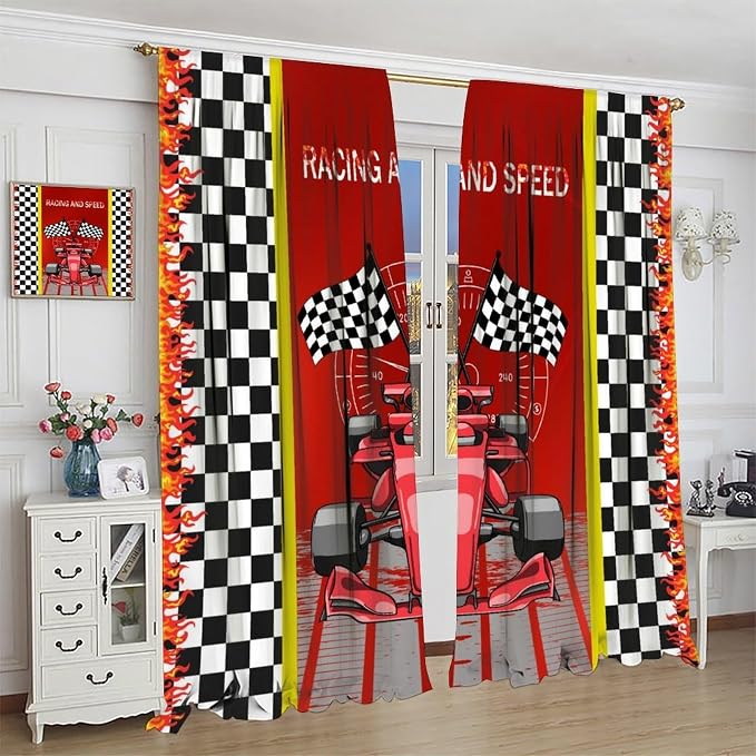 Racing Car Blackout Curtain,for Kids Boys Black Red White Start Flag Cartoon Race Cars Curtains Dining Room Living Room Kitchen Cafe Bedroom Office Nursery Drapes,42x63 in