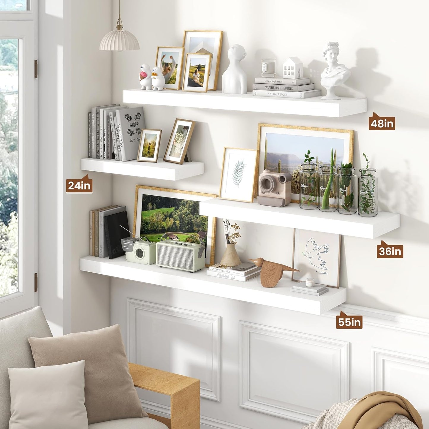 Heimlove 55 Inch Floating Shelves for Wall,10 Deep Large White Wall Shelf with Heavy Duty Brackets,Wall Mounted Storage & Display Shelves for Bedroom,Living Room,Kitchen,Office