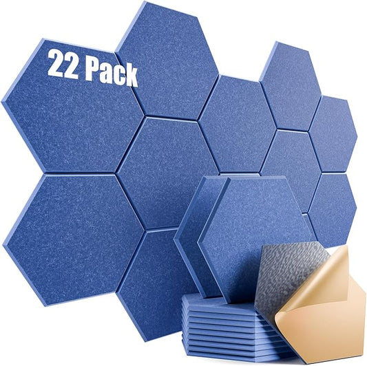 22 Pack Self-Adhesive Acoustic Panels 12" X 10" X 0.4" - Sound Proof Foam Panels with High Density, Stylish Hexagonal Design, Flame Resistant, Absorb Noise and Eliminate Echoes(Sky Blue)