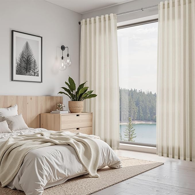 Nanspring Vanilla Linen Curtains 102 Inches Long for Living Room Light Filtering Semi Sheer Curtain Back Tab Modern Farmhouse Decor Floor to Ceiling Coastal Drapes for Bedroom 52x102, 2 Panels