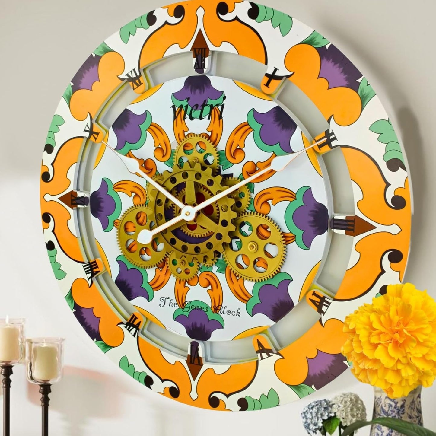 The Gears Clock Wall Clock Italy Collection with Moving Gears (Vietri, 24 inch Round)