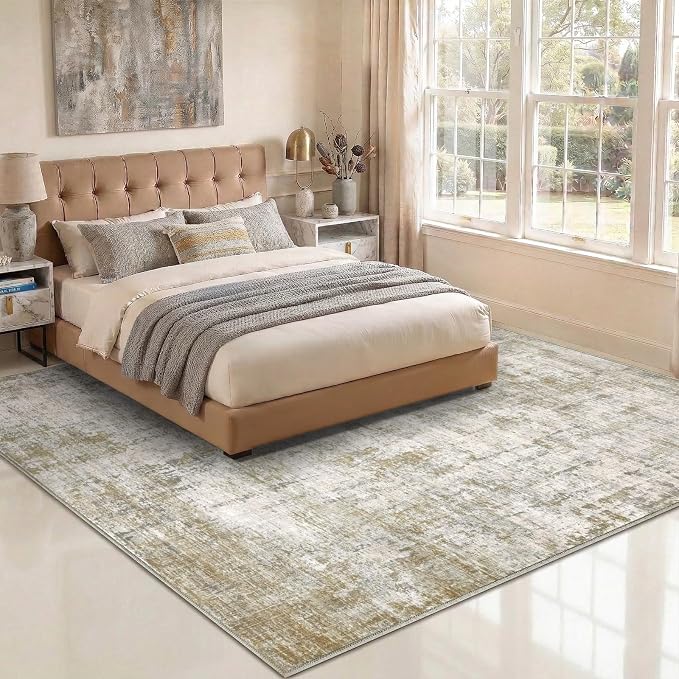 10x12 Area Rugs Washable Living Room Rug-No Slip Soft Carpets Modern Abstract Indoor Floor Stain Resistant Large Carpet for Bedroom Dining Room Farmhouse Nursery Home Office Tan