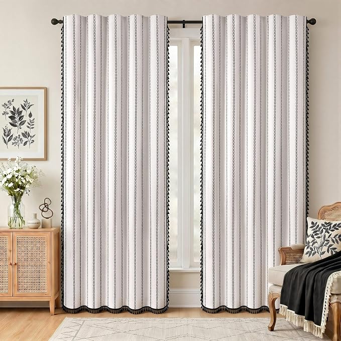 White Boho Blackout Curtains 2 Panels 84 Inch for Living Room Bedroom, Linen Texture Farmhouse Curtains with Tassels and Black Cotton Embroidery Vintage