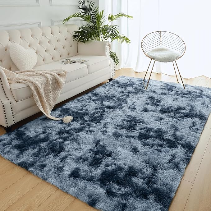 AROGAN Soft Rainbow Area Rugs for Girls Room, Fluffy Girls Bedroom Rugs, Princess Rug, Cute Colorful Carpet for Kids Teens Nursery Toddler (Blue-Grey, 4×6 Feet)