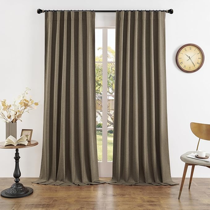 DUALIFE Chocolate Brown Flax Linen Extra Long Curtains 132 Inches Long 11 Ft for High Ceiling Living Room Pleated Back Tab Rod Pocket Hook Belt 2 Story Drapes 52 Wide 2 Panels 50x132 Inch Length