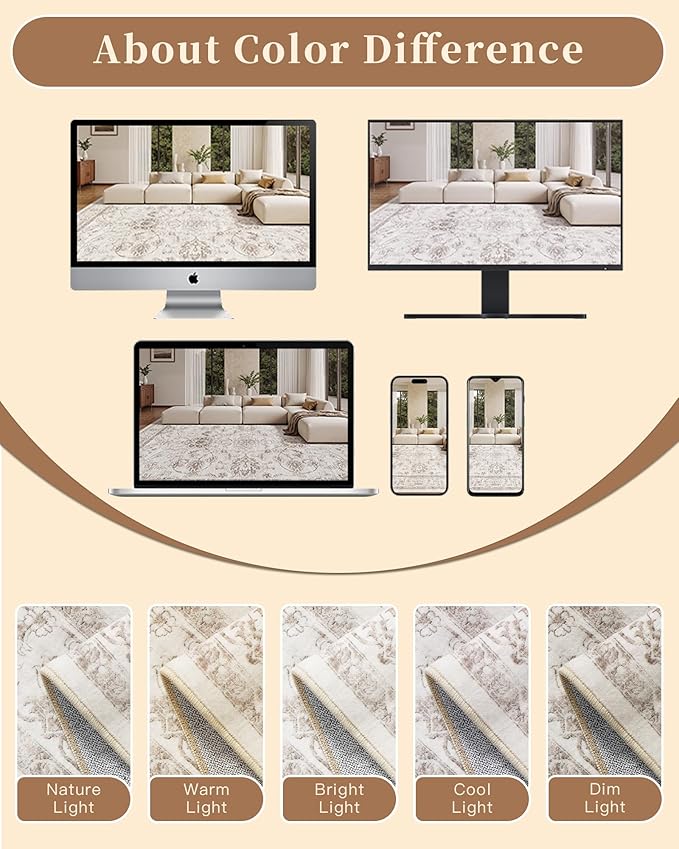 Madane 2x4 Washable Rugs for Entryway, Low Pile Non-Slip Small Area Rug Kitchen Door Mat, Vintage Soft Throw Neutral Rug Floor Mat for Indoor Front Entrance Bathroom Hallway (2 x 4, Brown/Ivory)