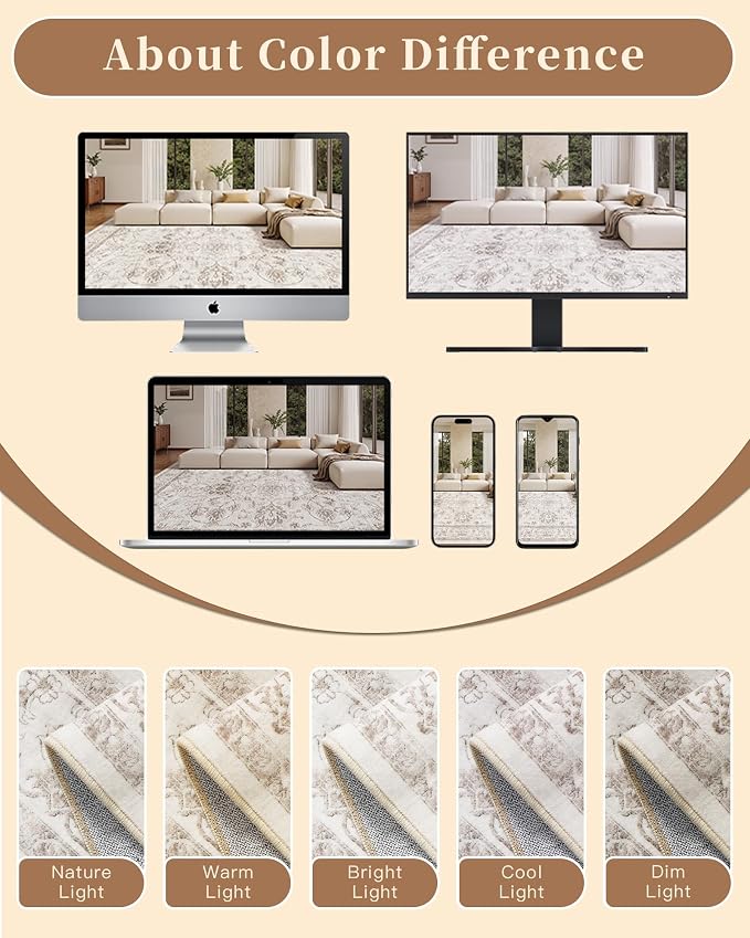 Madane 2x3 Washable Rugs for Entryway, Low Pile Non-Slip Small Area Rug Kitchen Door Mat, Vintage Soft Throw Neutral Rug Floor Mat for Indoor Front Entrance Bathroom Hallway (2 x 3, Brown/Ivory)