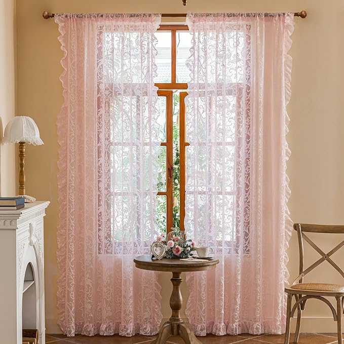 TUDECO Light Pink Lace Curtains 84 Inches Long - Coquette Romantic Floral Spring Sheer Pink Ruffle for Bedroom Set of 2, Shabby Chic Privacy Princess CuteCore Room Decor, 59 x 84 Inch